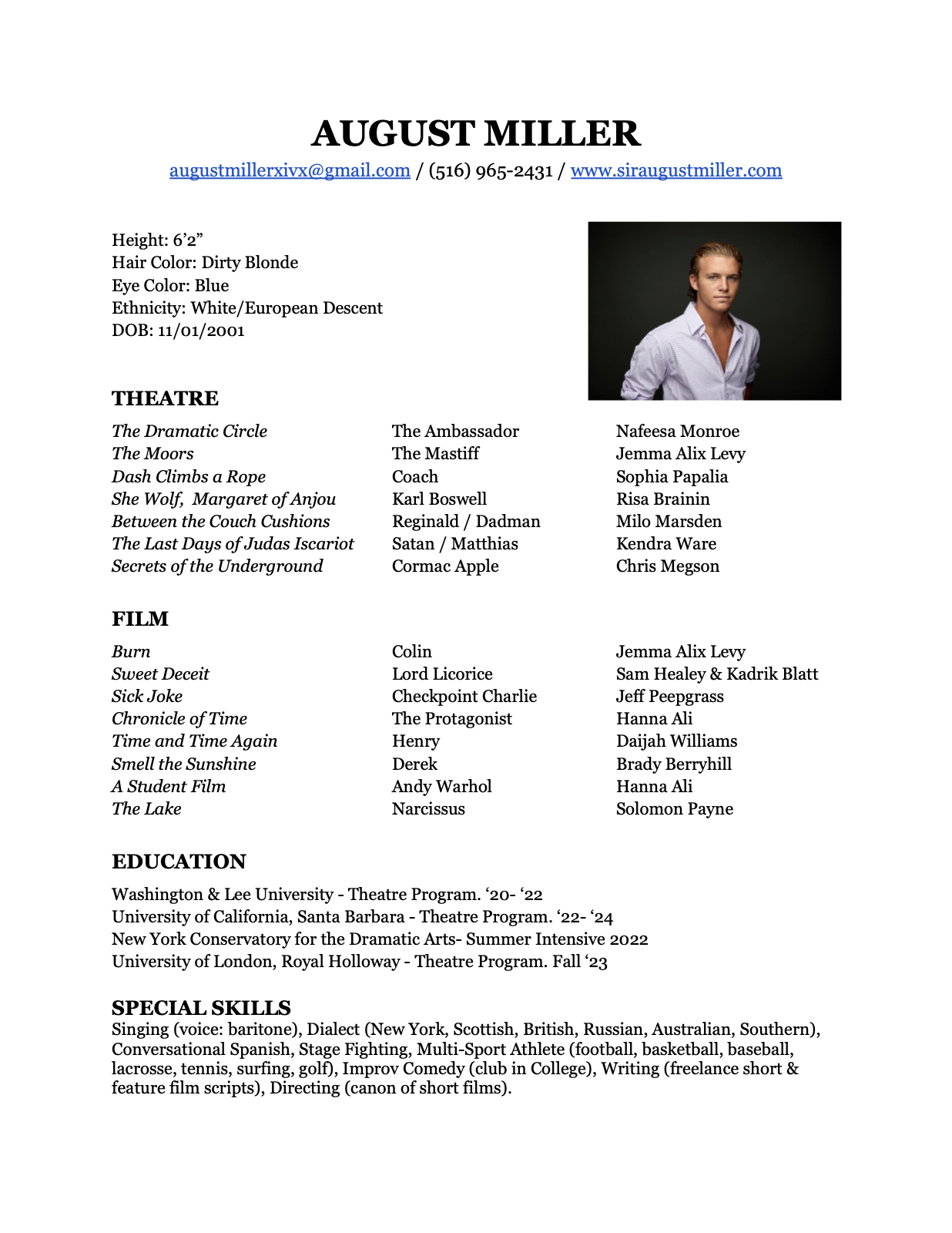 August Miller Acting Resume